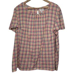 ST JOHN'S BAY | Red Yellow Navy Short Sleeve Plaid Loose Fitting Top | Size 0X